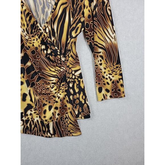 Spense Brown Animal Print LS Faux Wrap V Neck Blouse Women's Large Stretch - Picture 5 of 11